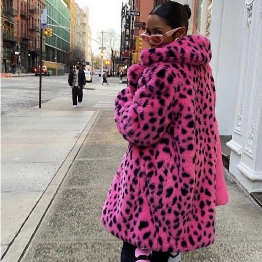 Lazy Oaf Hot Pink Faux Fur Pea Coat with Black Spot Print and Bow